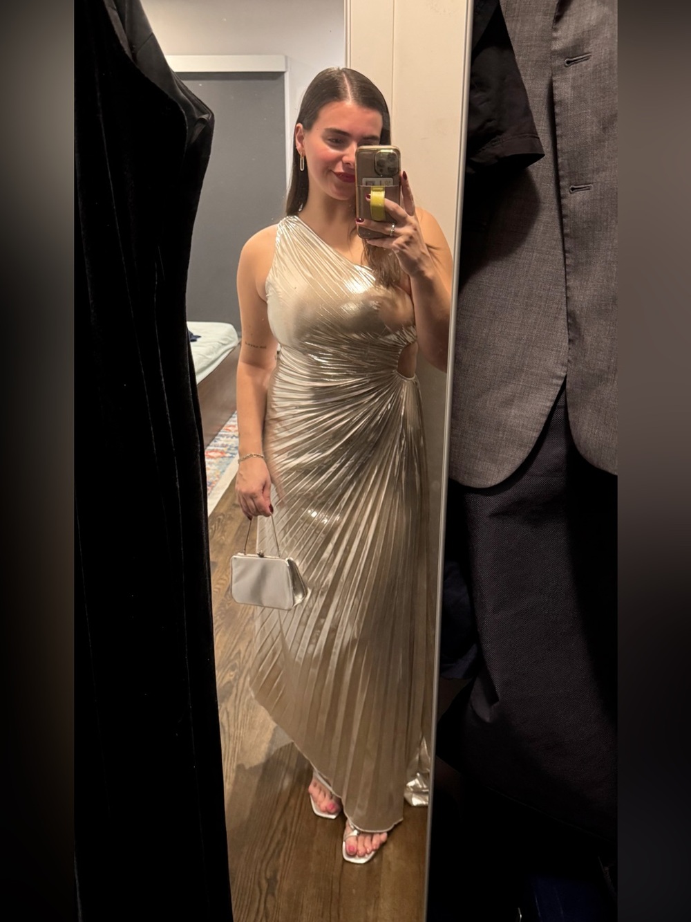 Minuet Metallic Silver One-Shoulder Pleated Maxi Dress